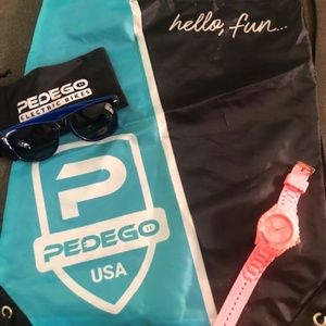 New Pedego Swag: Drawstring Backpack, Sunglasses and Watch (never used)